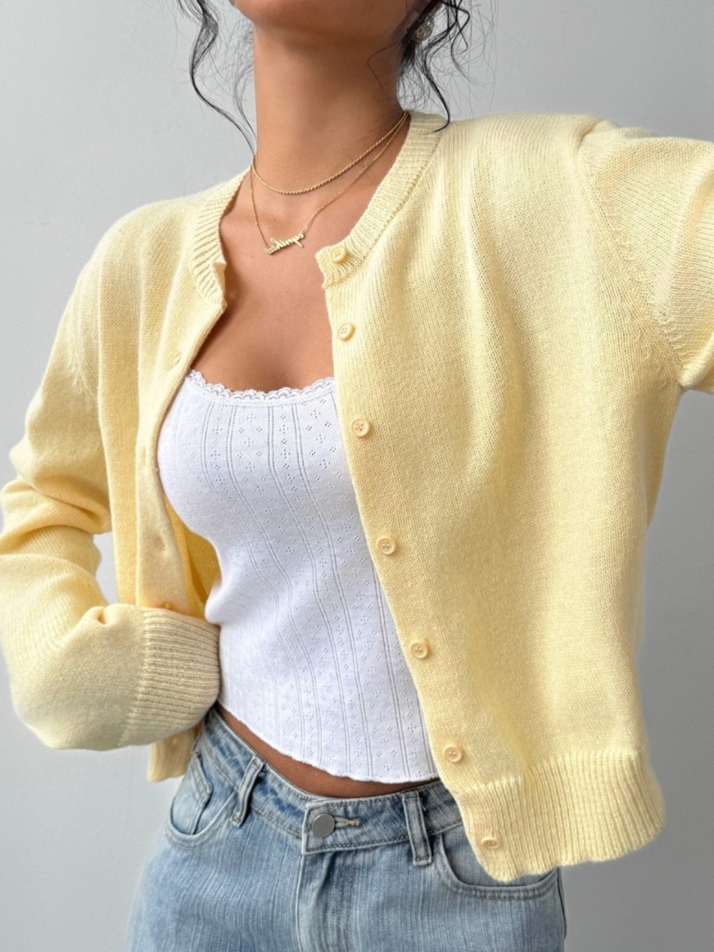 Wool Blend Yellow Knit Button Through Cardigan Round Neck Long Sleeve